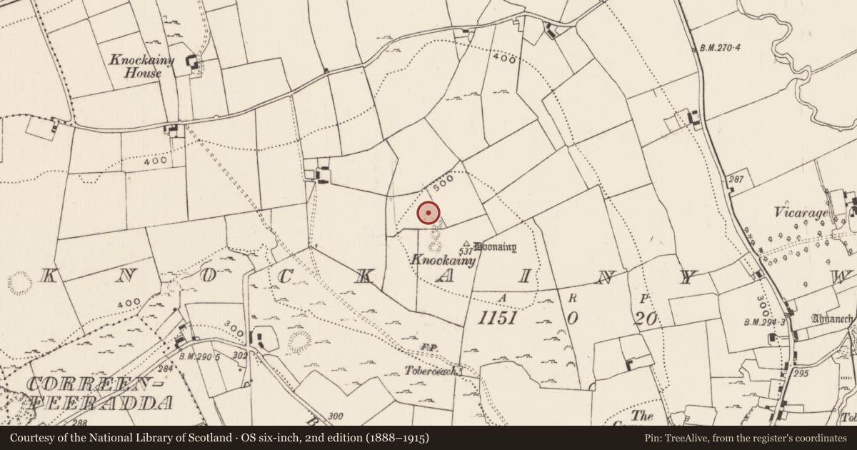 Ordnance Survey six-inch map, 2nd edition (1888–1915) covering the location of Barrow - ring-barrow, Knockainy West, County Limerick, with a pin at the register's coordinates