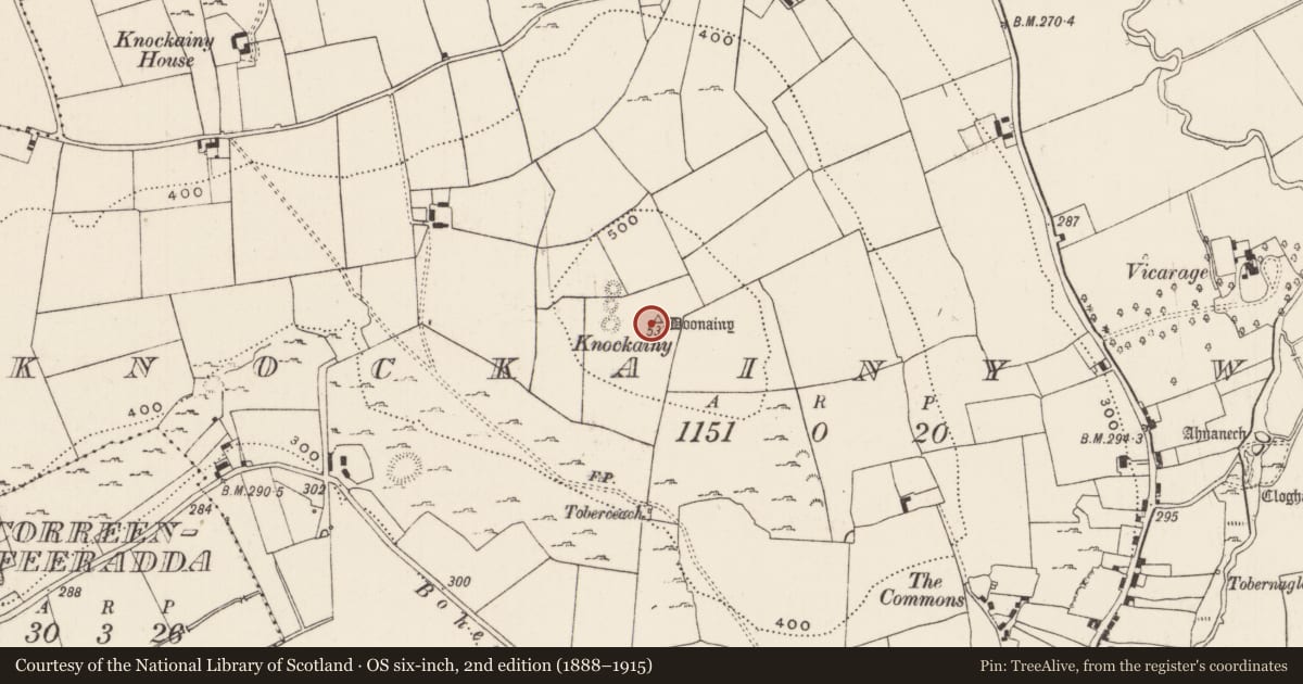 Ordnance Survey six-inch map, 2nd edition (1888–1915) covering the location of Mound, Knockainy West, County Limerick, with a pin at the register's coordinates