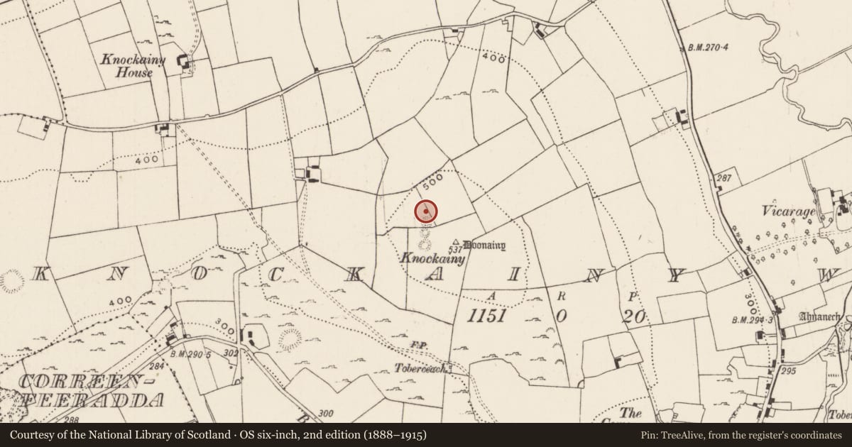 Ordnance Survey six-inch map, 2nd edition (1888–1915) covering the location of Barrow - ring-barrow, Knockainy West, County Limerick, with a pin at the register's coordinates