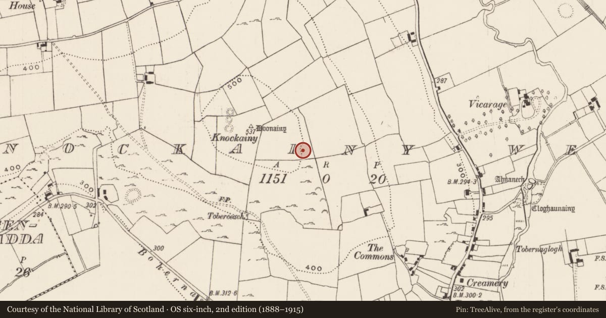 Ordnance Survey six-inch map, 2nd edition (1888–1915) covering the location of Barrow - ring-barrow, Knockainy West, County Limerick, with a pin at the register's coordinates