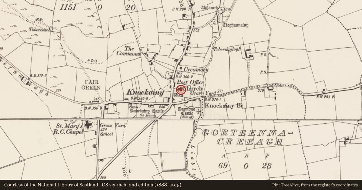 Ordnance Survey six-inch map, 2nd edition (1888–1915) covering the location of Church, Knockainy West, County Limerick, with a pin at the register's coordinates
