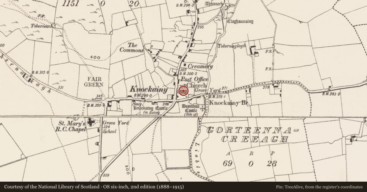 Ordnance Survey six-inch map, 2nd edition (1888–1915) covering the location of Graveyard, Knockainy West, County Limerick, with a pin at the register's coordinates