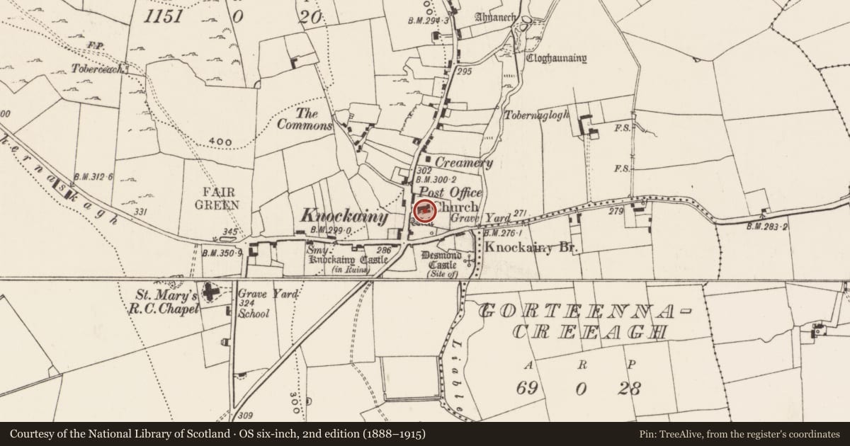 Ordnance Survey six-inch map, 2nd edition (1888–1915) covering the location of Graveslab, Knockainy West, County Limerick, with a pin at the register's coordinates
