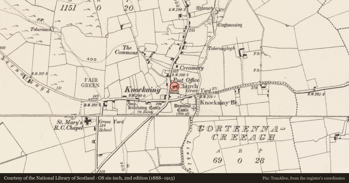 Ordnance Survey six-inch map, 2nd edition (1888–1915) covering the location of Graveslab, Knockainy West, County Limerick, with a pin at the register's coordinates