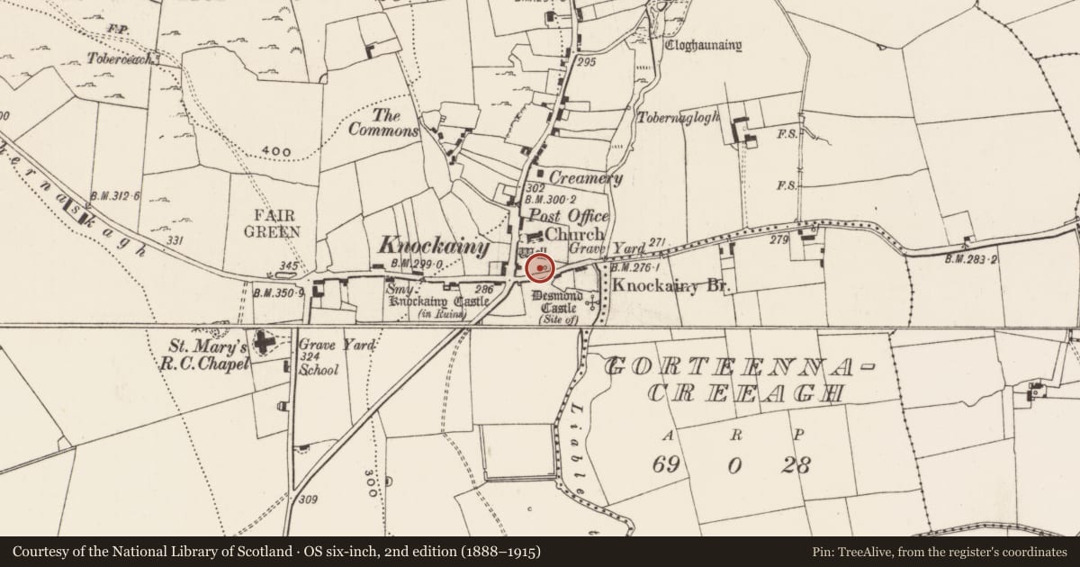 Ordnance Survey six-inch map, 2nd edition (1888–1915) covering the location of Ritual site - holy well, Knockainy West, County Limerick, with a pin at the register's coordinates