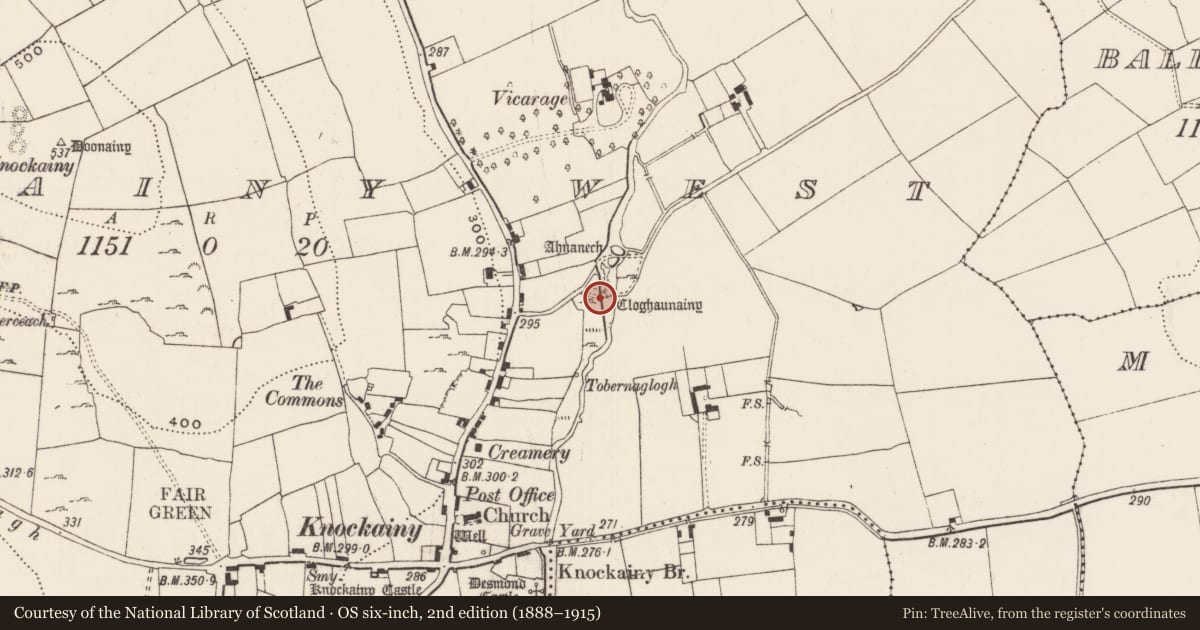 Ordnance Survey six-inch map, 2nd edition (1888–1915) covering the location of Clapper bridge, Knockainy West, County Limerick, with a pin at the register's coordinates