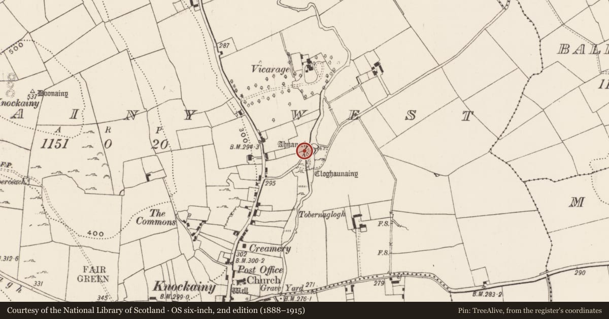 Ordnance Survey six-inch map, 2nd edition (1888–1915) covering the location of Ford, Knockainy West, County Limerick, with a pin at the register's coordinates