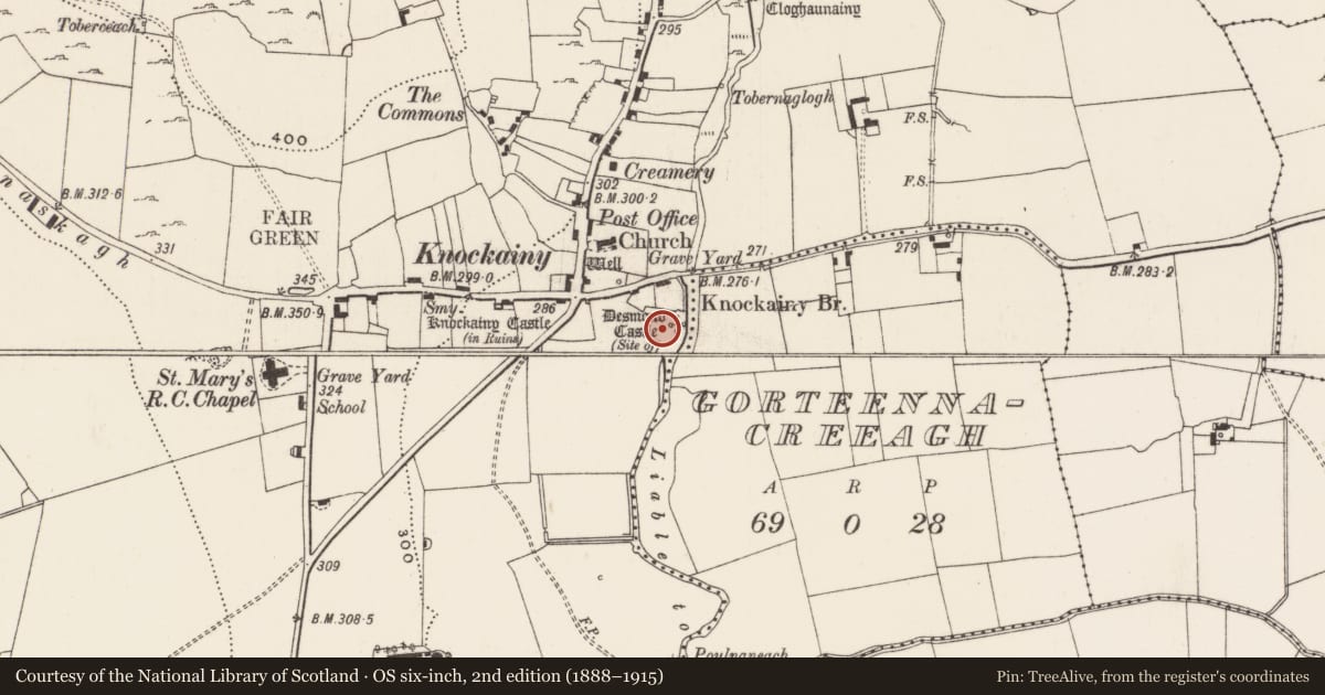 Ordnance Survey six-inch map, 2nd edition (1888–1915) covering the location of Bawn, Knockainy West, County Limerick, with a pin at the register's coordinates