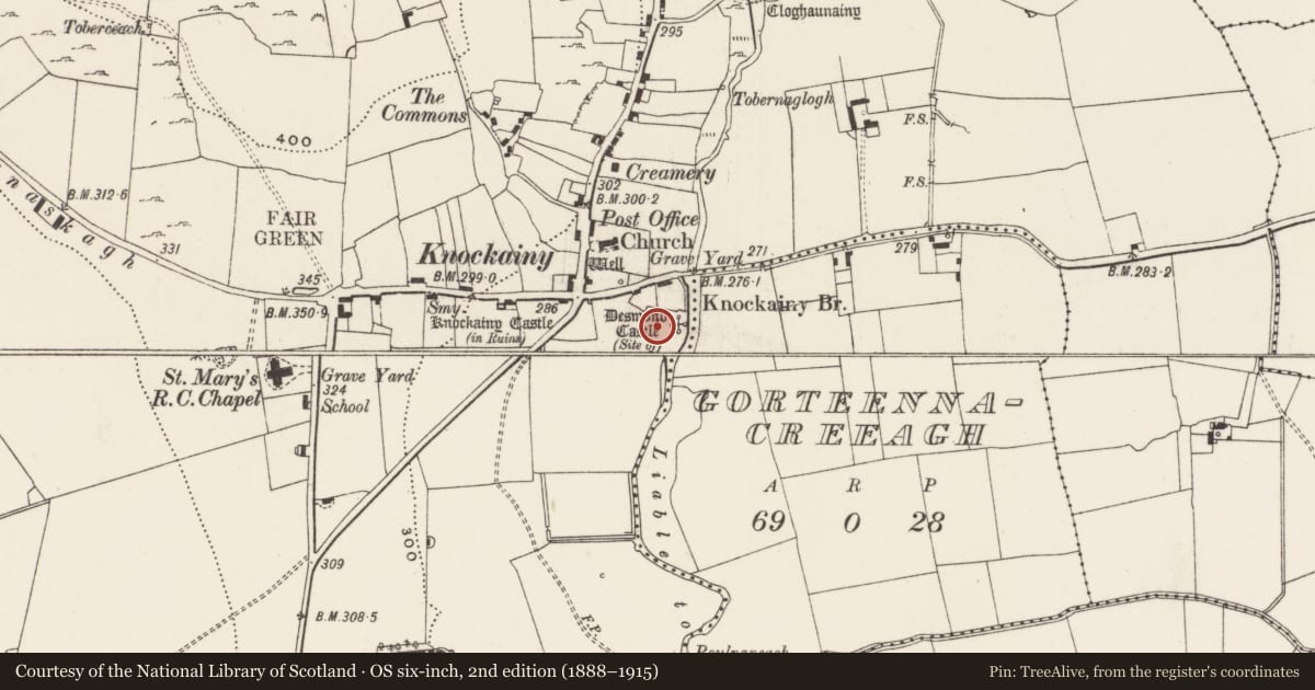 Ordnance Survey six-inch map, 2nd edition (1888–1915) covering the location of Dovecote, Knockainy West, County Limerick, with a pin at the register's coordinates