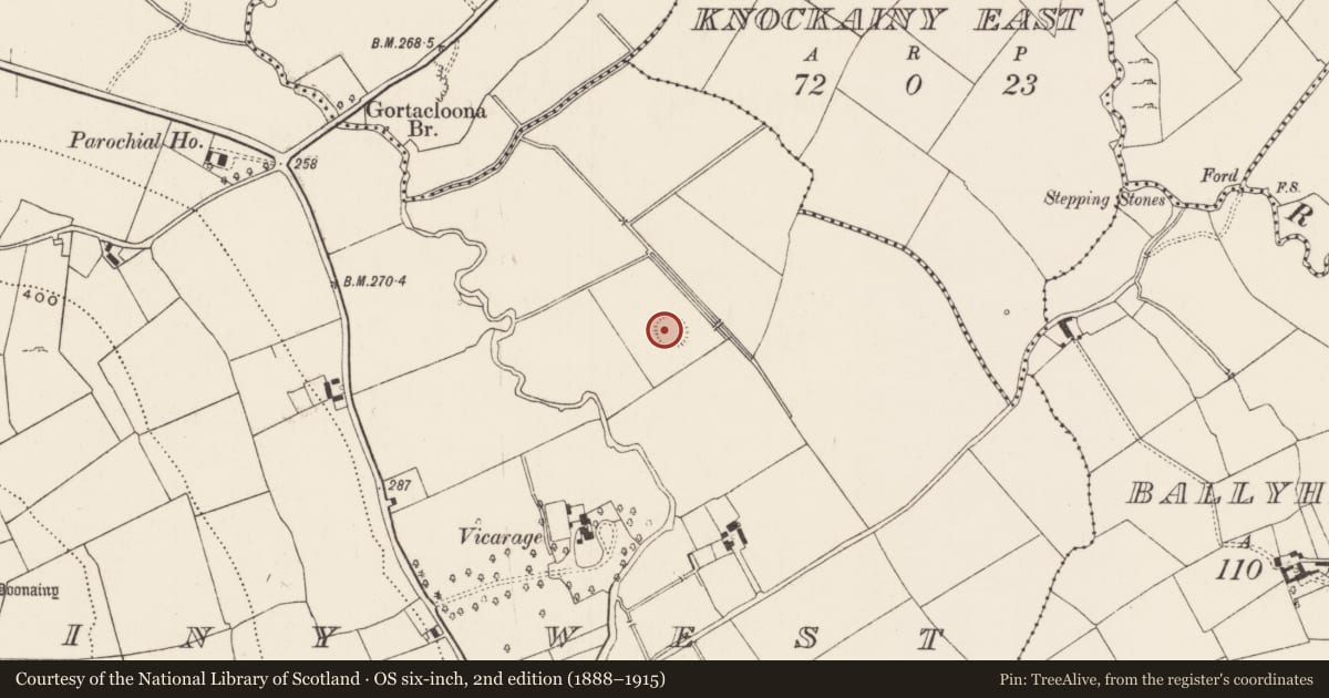 Ordnance Survey six-inch map, 2nd edition (1888–1915) covering the location of Barrow - unclassified, Knockainy West, County Limerick, with a pin at the register's coordinates