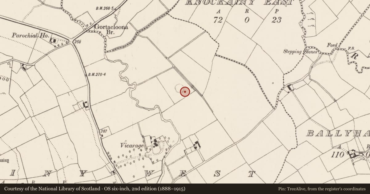 Ordnance Survey six-inch map, 2nd edition (1888–1915) covering the location of Barrow - ring-barrow, Knockainy West, County Limerick, with a pin at the register's coordinates