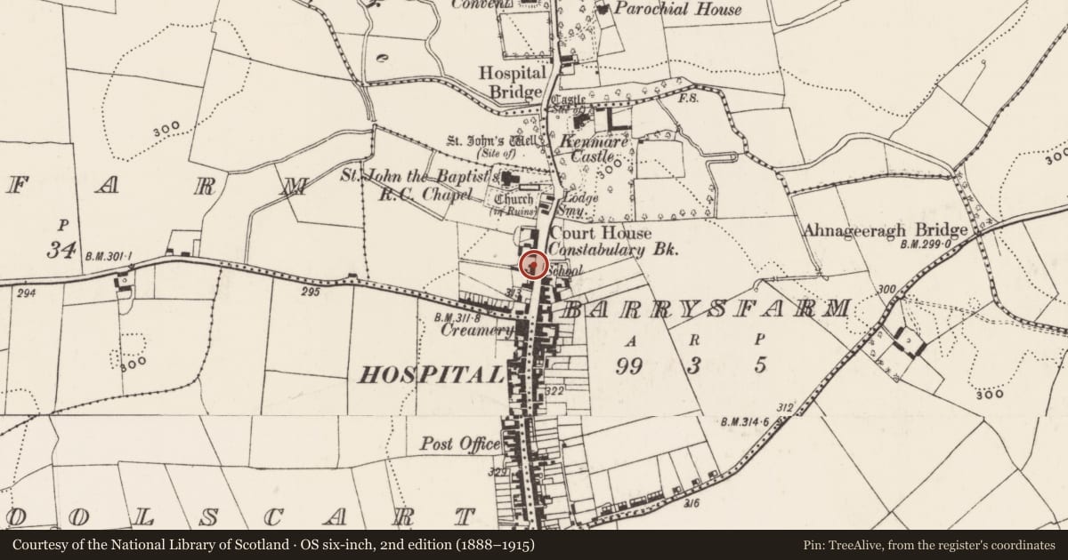 Ordnance Survey six-inch map, 2nd edition (1888–1915) covering the location of Settlement cluster, Barrysfarm, County Limerick, with a pin at the register's coordinates