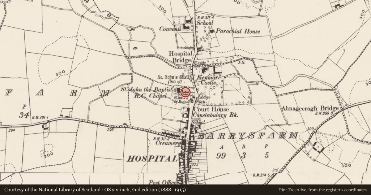 Ordnance Survey six-inch map, 2nd edition (1888–1915) covering the location of Religious house - Knights Hospitallers, Barrysfarm, County Limerick, with a pin at the register's coordinates