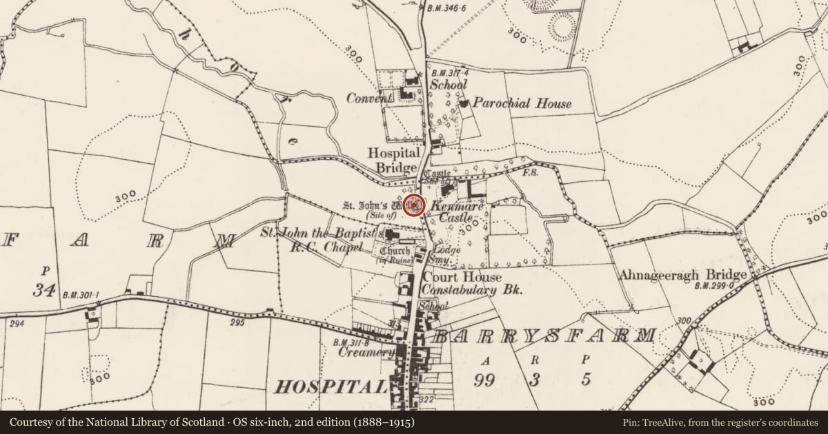 Ordnance Survey six-inch map, 2nd edition (1888–1915) covering the location of Ritual site - holy well, Millfarm, County Limerick, with a pin at the register's coordinates