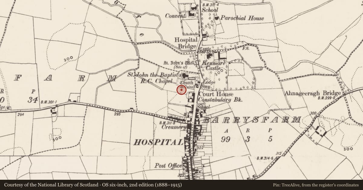 Ordnance Survey six-inch map, 2nd edition (1888–1915) covering the location of Excavation - miscellaneous, Abbeyfarm, County Limerick, with a pin at the register's coordinates