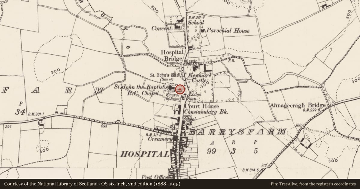 Ordnance Survey six-inch map, 2nd edition (1888–1915) covering the location of Tomb - effigial, Barrysfarm, County Limerick, with a pin at the register's coordinates
