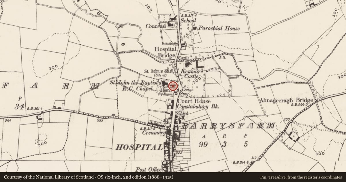 Ordnance Survey six-inch map, 2nd edition (1888–1915) covering the location of Tomb - effigial, Barrysfarm, County Limerick, with a pin at the register's coordinates
