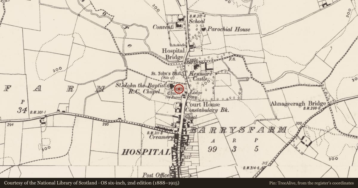 Ordnance Survey six-inch map, 2nd edition (1888–1915) covering the location of Tomb - effigial, Barrysfarm, County Limerick, with a pin at the register's coordinates