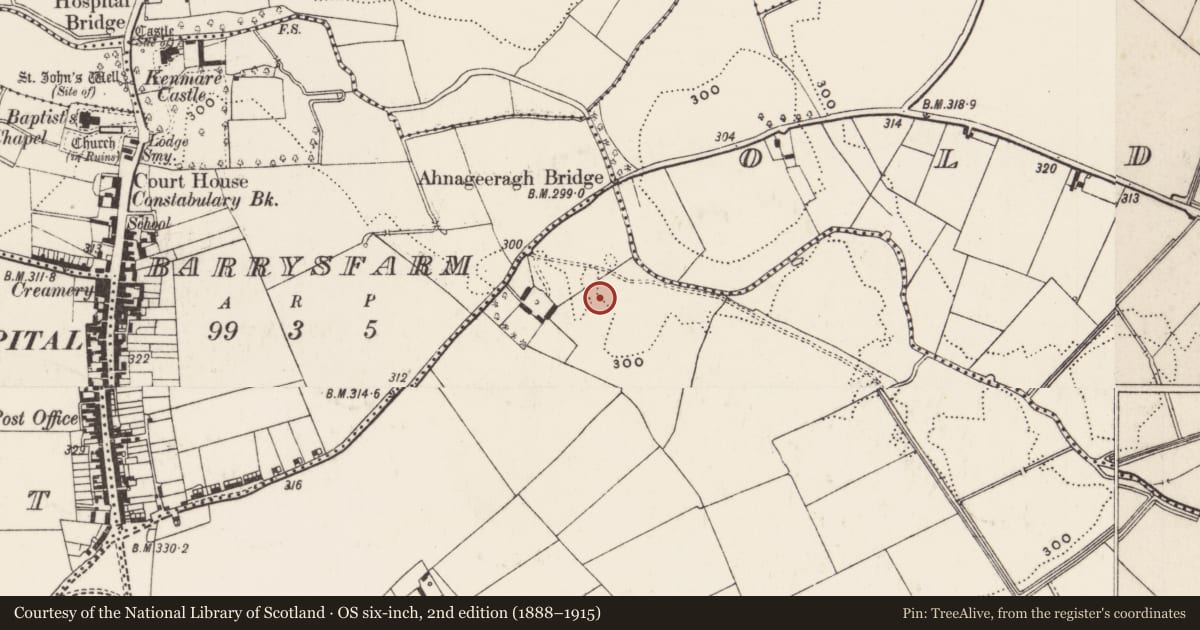 Ordnance Survey six-inch map, 2nd edition (1888–1915) covering the location of Barrow - ring-barrow, Coolalough, County Limerick, with a pin at the register's coordinates