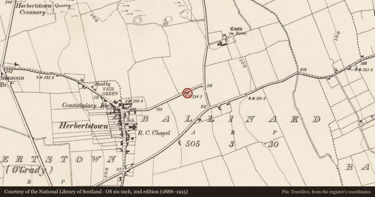 Ordnance Survey six-inch map, 2nd edition (1888–1915) covering the location of Earthwork, Ballinard, County Limerick, with a pin at the register's coordinates