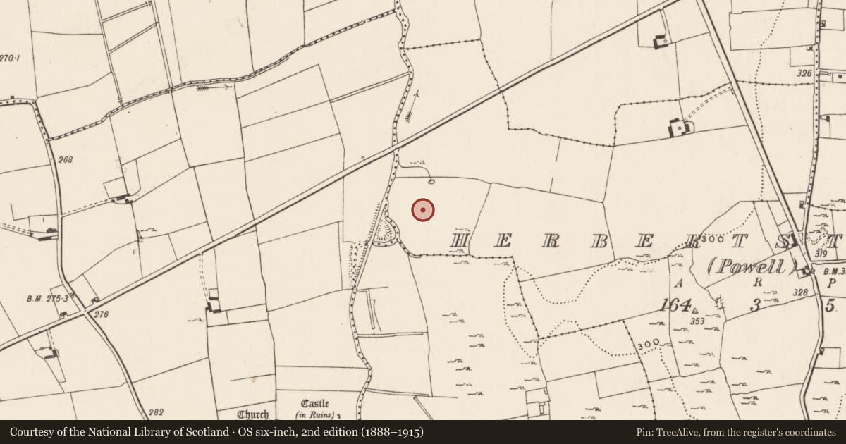 Ordnance Survey six-inch map, 2nd edition (1888–1915) covering the location of Barrow - ditch barrow, Herbertstown (Powell), County Limerick, with a pin at the register's coordinates