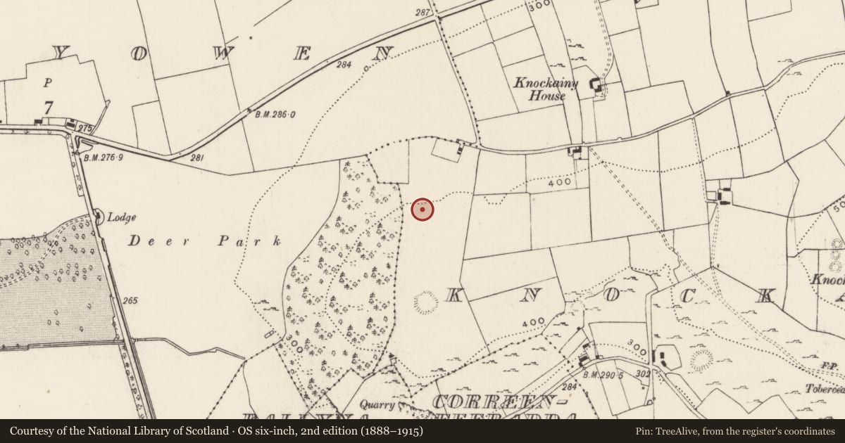 Ordnance Survey six-inch map, 2nd edition (1888–1915) covering the location of Enclosure, Knockainy West, County Limerick, with a pin at the register's coordinates