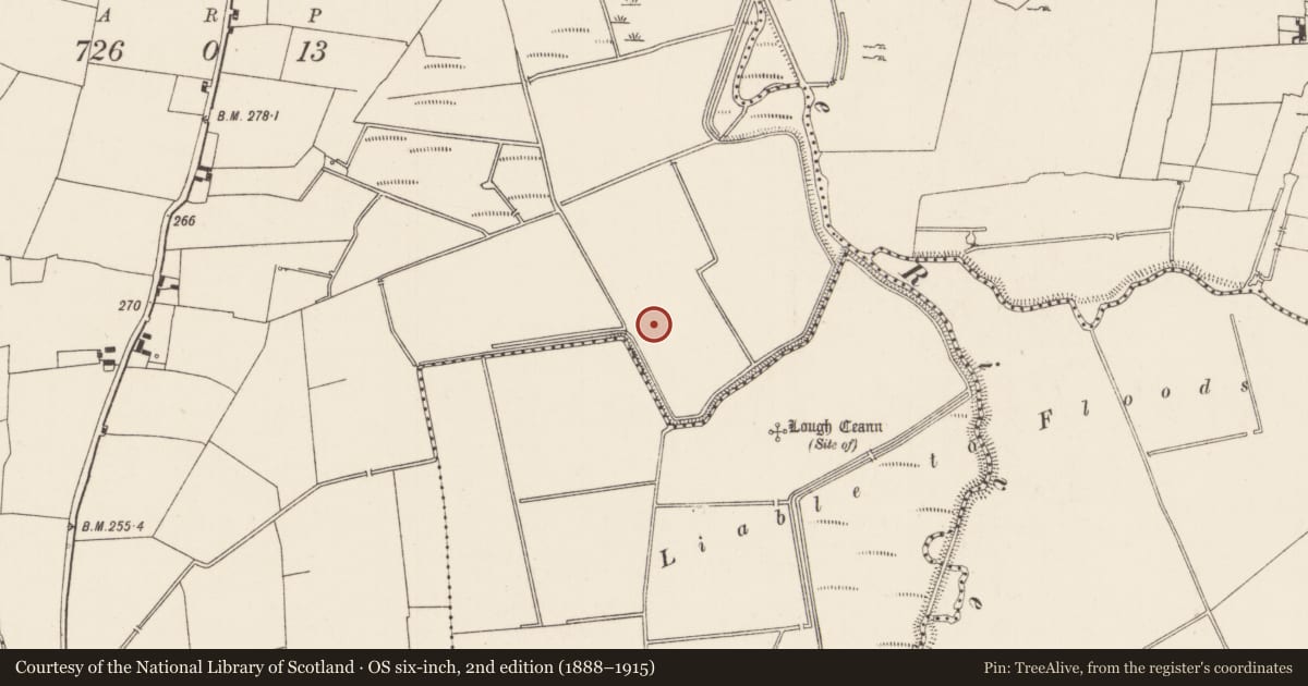Ordnance Survey six-inch map, 2nd edition (1888–1915) covering the location of Barrow - ditch barrow, Kilcullane, County Limerick, with a pin at the register's coordinates