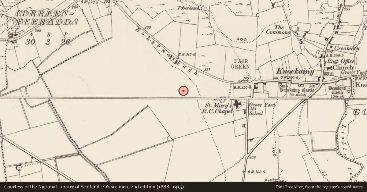 Ordnance Survey six-inch map, 2nd edition (1888–1915) covering the location of Enclosure, Knockainy West, County Limerick, with a pin at the register's coordinates