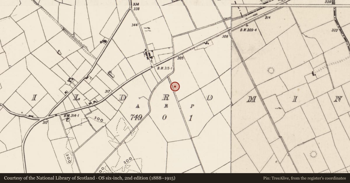 Ordnance Survey six-inch map, 2nd edition (1888–1915) covering the location of Barrow - ditch barrow, Kildromin, County Limerick, with a pin at the register's coordinates