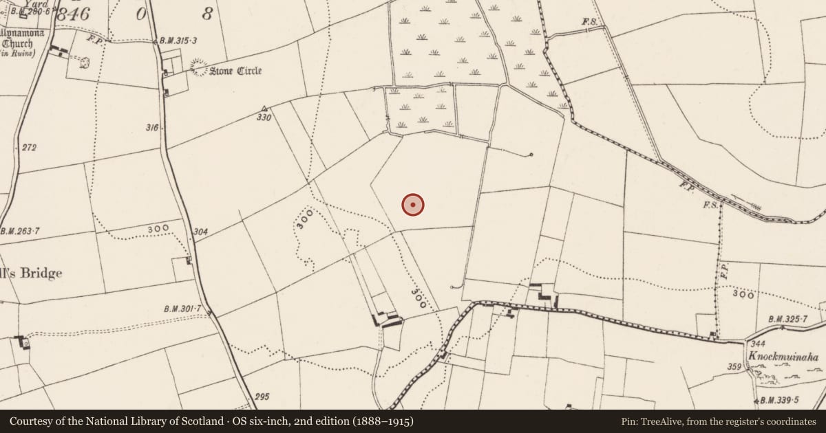 Ordnance Survey six-inch map, 2nd edition (1888–1915) covering the location of Barrow - ditch barrow, Ballynamona, County Limerick, with a pin at the register's coordinates