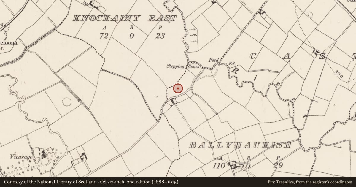 Ordnance Survey six-inch map, 2nd edition (1888–1915) covering the location of Earthwork, Ballyhaukish, County Limerick, with a pin at the register's coordinates