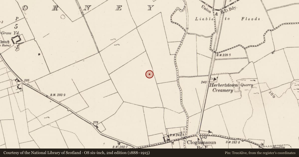 Ordnance Survey six-inch map, 2nd edition (1888–1915) covering the location of Barrow - ring-barrow, Cahercorney, County Limerick, with a pin at the register's coordinates