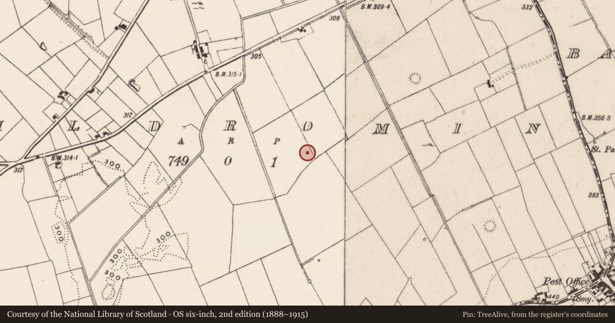 Ordnance Survey six-inch map, 2nd edition (1888–1915) covering the location of Barrow - ring-barrow, Kildromin, County Limerick, with a pin at the register's coordinates