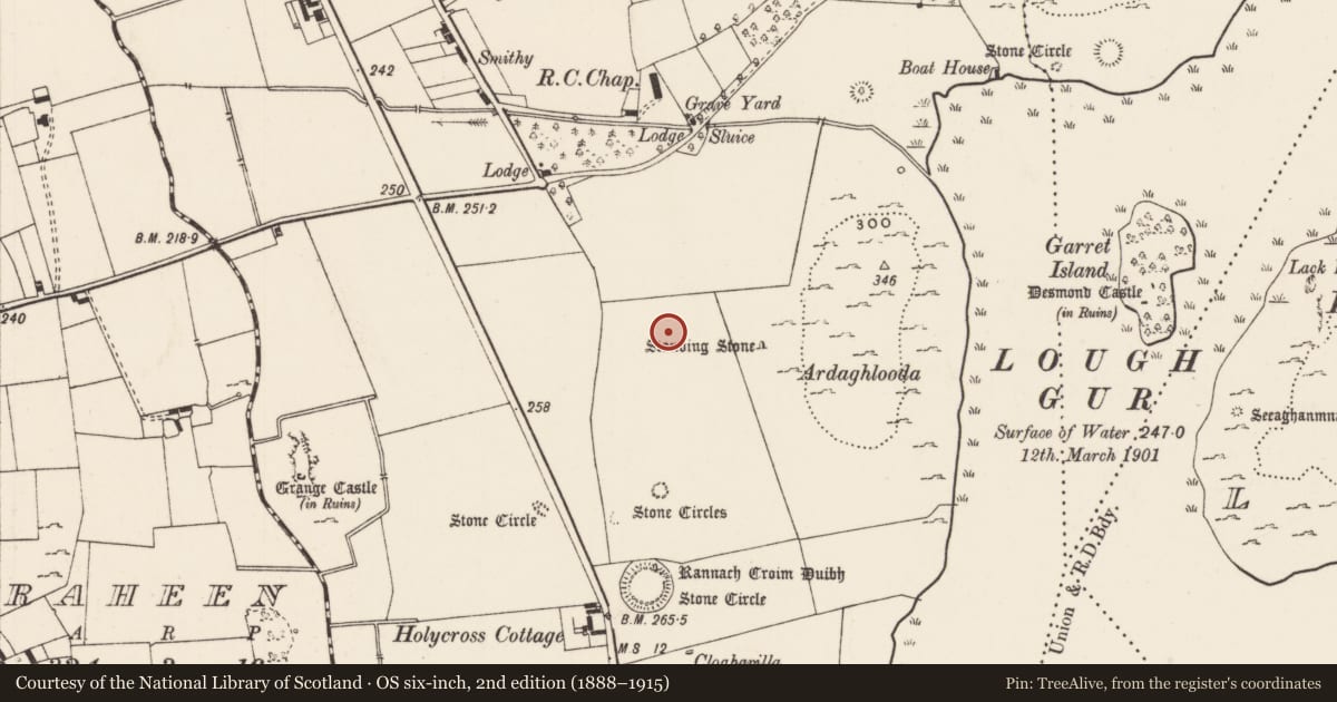 Ordnance Survey six-inch map, 2nd edition (1888–1915) covering the location of Earthwork, Grange, County Limerick, with a pin at the register's coordinates
