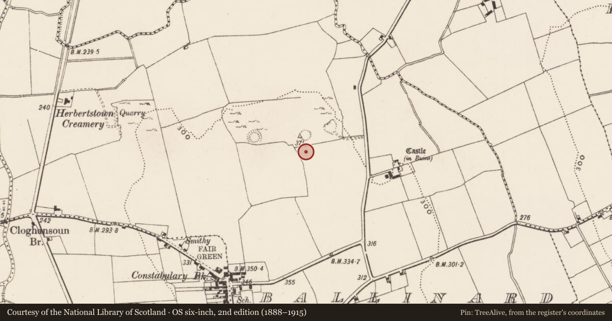 Ordnance Survey six-inch map, 2nd edition (1888–1915) covering the location of Enclosure, Ballinard, County Limerick, with a pin at the register's coordinates