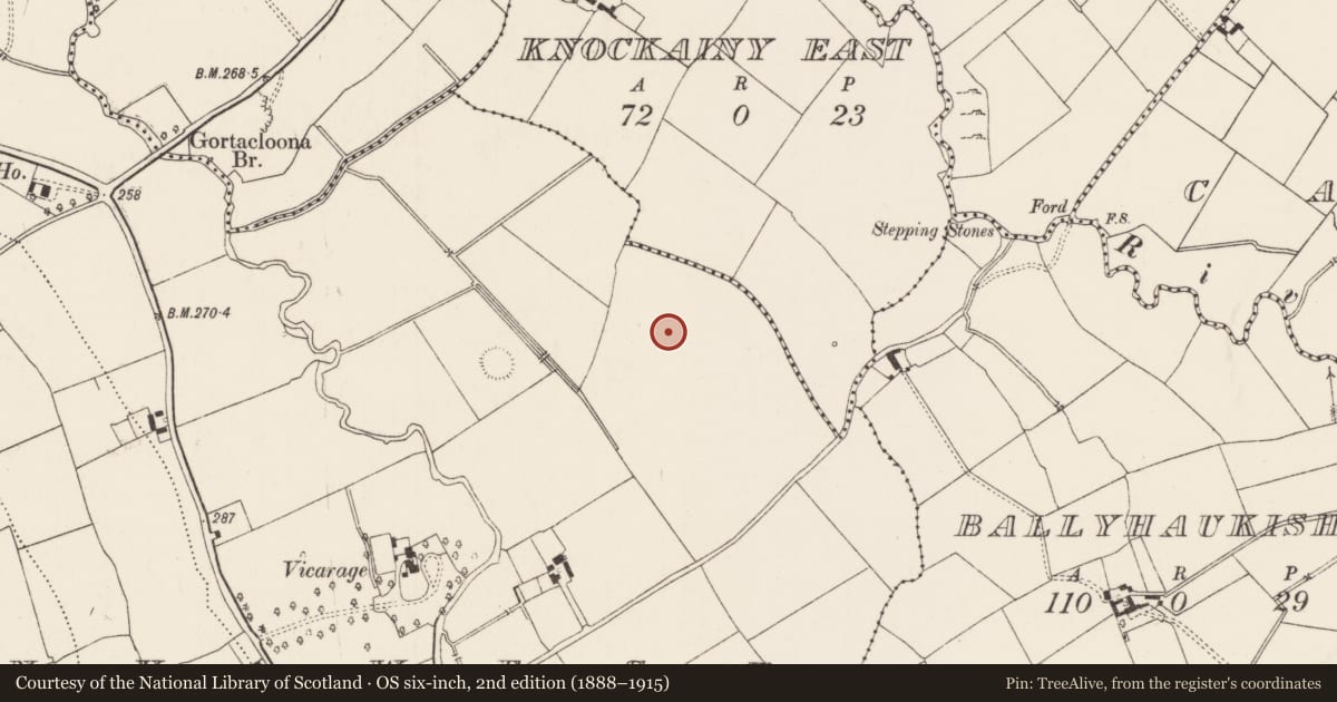 Ordnance Survey six-inch map, 2nd edition (1888–1915) covering the location of Barrow - ring-barrow, Knockainy West, County Limerick, with a pin at the register's coordinates