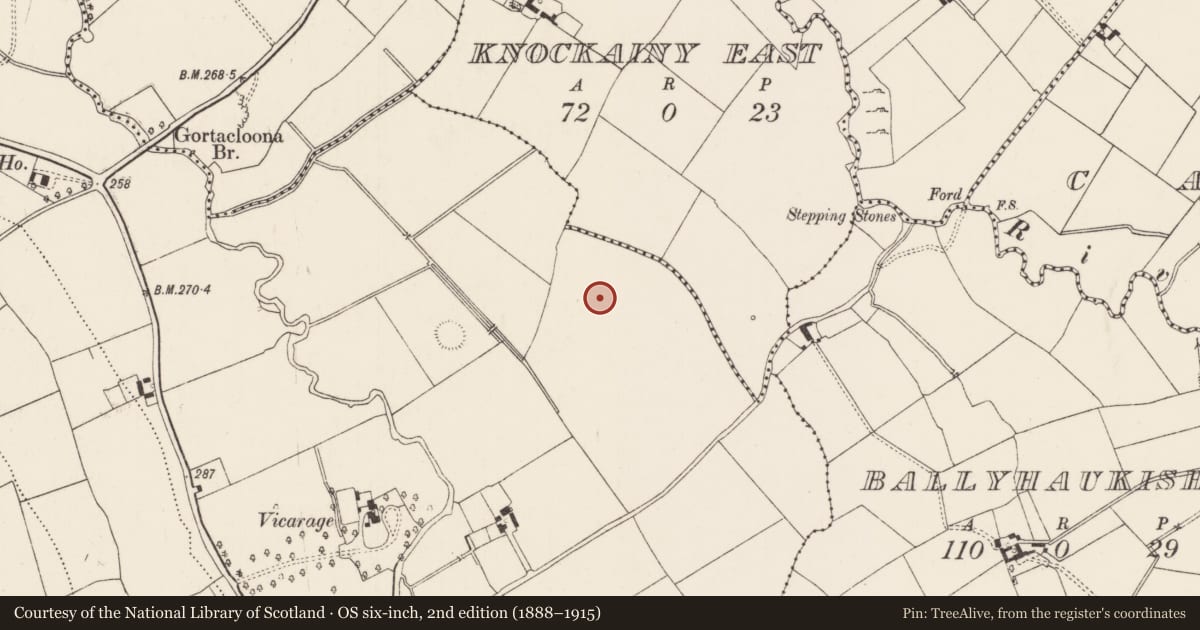 Ordnance Survey six-inch map, 2nd edition (1888–1915) covering the location of Barrow - ring-barrow, Knockainy West, County Limerick, with a pin at the register's coordinates