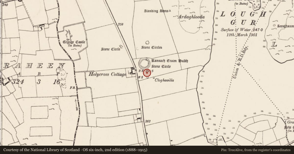 Ordnance Survey six-inch map, 2nd edition (1888–1915) covering the location of Enclosure, Grange, County Limerick, with a pin at the register's coordinates