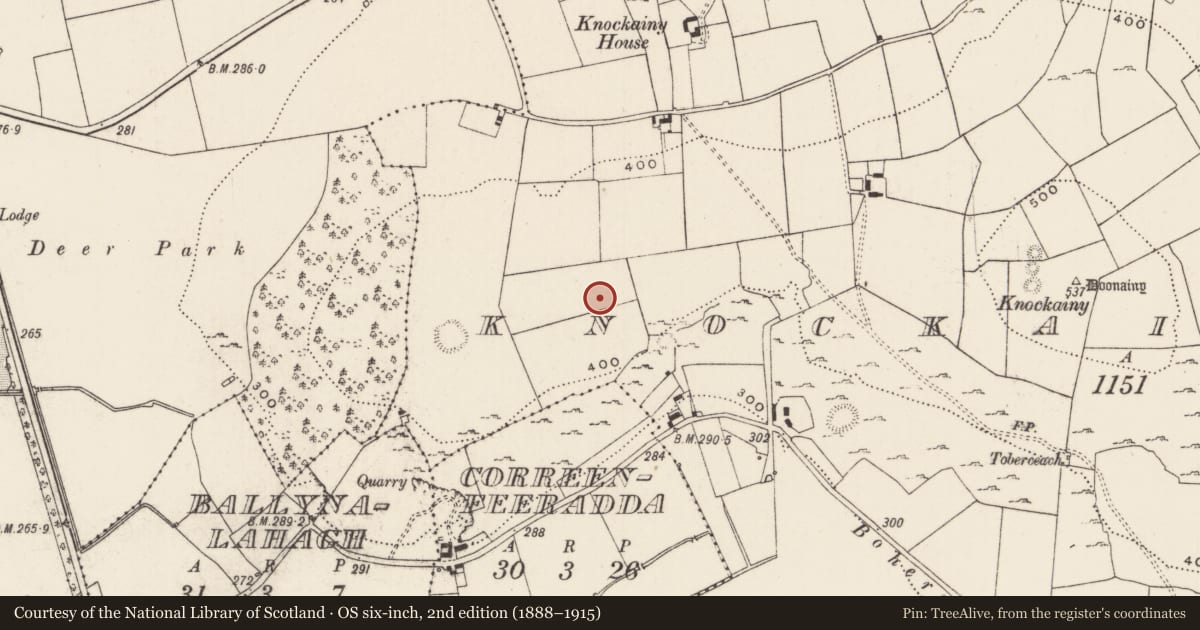 Ordnance Survey six-inch map, 2nd edition (1888–1915) covering the location of Barrow - ring-barrow, Knockainy West, County Limerick, with a pin at the register's coordinates
