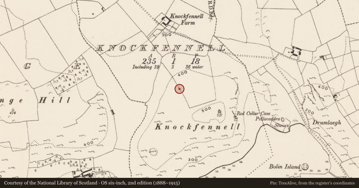 Ordnance Survey six-inch map, 2nd edition (1888–1915) covering the location of Enclosure, Knockfennell, County Limerick, with a pin at the register's coordinates