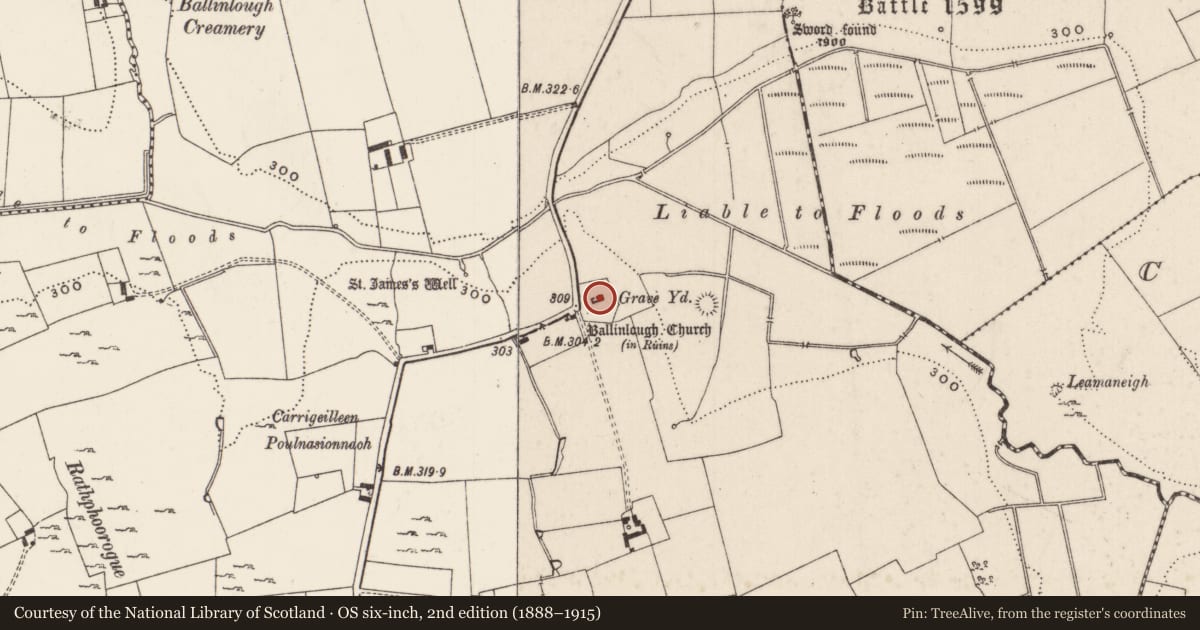 Ordnance Survey six-inch map, 2nd edition (1888–1915) covering the location of Church, Ballinlough, County Limerick, with a pin at the register's coordinates