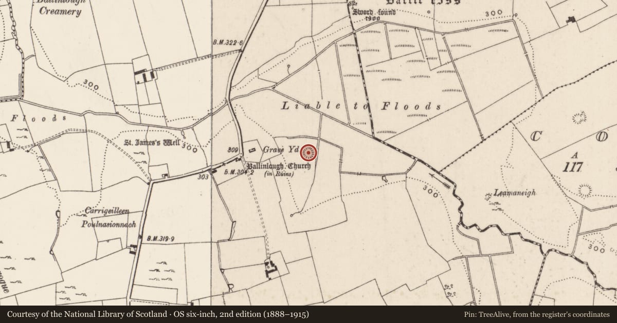 Ordnance Survey six-inch map, 2nd edition (1888–1915) covering the location of Enclosure, Ballinlough, County Limerick, with a pin at the register's coordinates