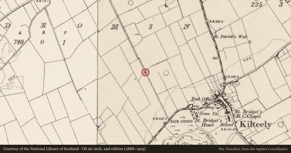 Ordnance Survey six-inch map, 2nd edition (1888–1915) covering the location of Ritual site - holy well, Kildromin, County Limerick, with a pin at the register's coordinates
