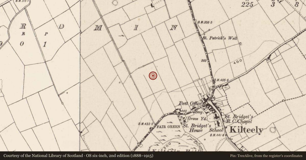 Ordnance Survey six-inch map, 2nd edition (1888–1915) covering the location of Enclosure, Kildromin, County Limerick, with a pin at the register's coordinates