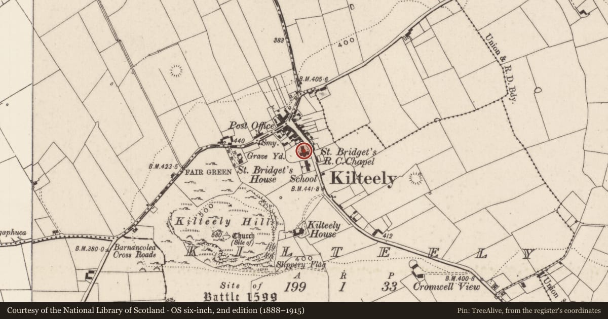 Ordnance Survey six-inch map, 2nd edition (1888–1915) covering the location of Church, Kilteely, County Limerick, with a pin at the register's coordinates