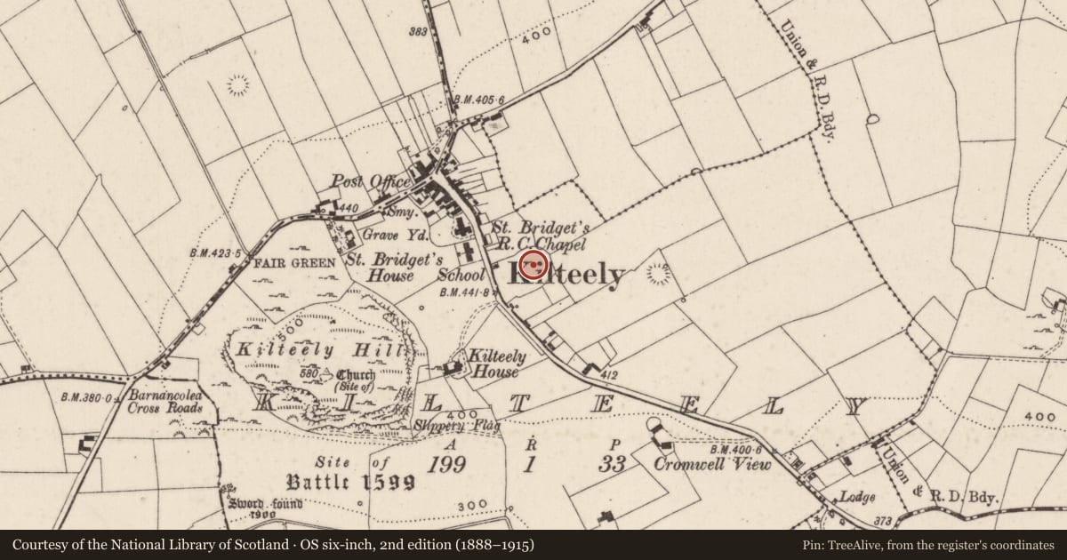 Ordnance Survey six-inch map, 2nd edition (1888–1915) covering the location of Enclosure, Kilteely, County Limerick, with a pin at the register's coordinates