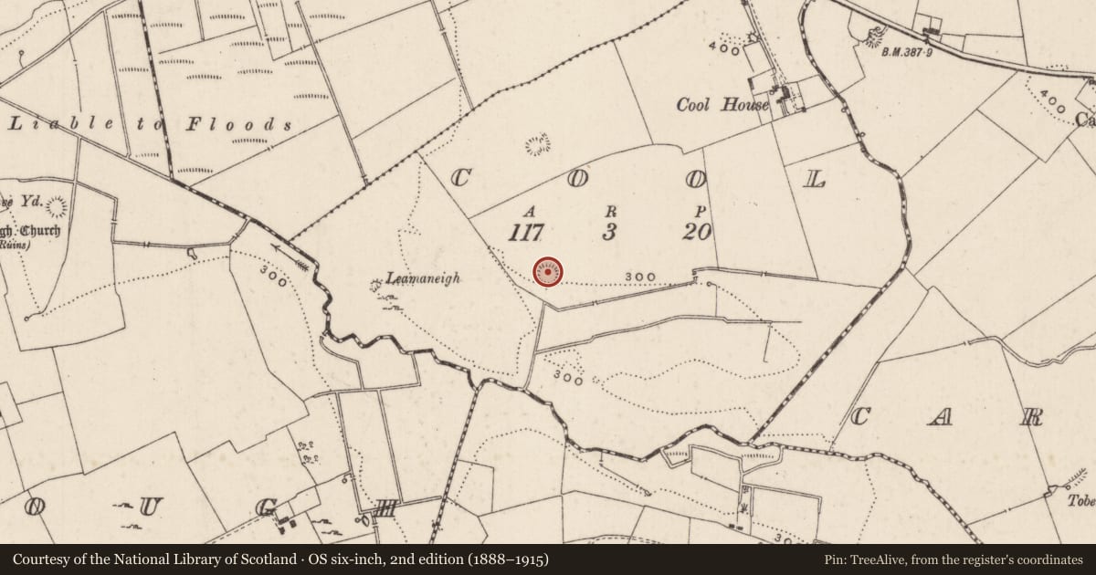 Ordnance Survey six-inch map, 2nd edition (1888–1915) covering the location of Earthwork, Cool, County Limerick, with a pin at the register's coordinates