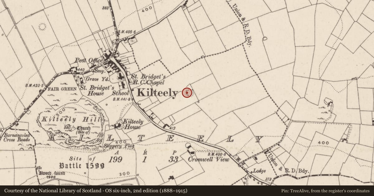 Ordnance Survey six-inch map, 2nd edition (1888–1915) covering the location of Ringfort - rath, Kilteely, County Limerick, with a pin at the register's coordinates
