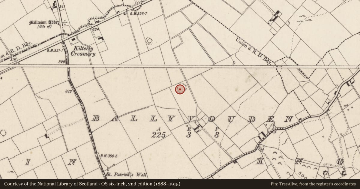 Ordnance Survey six-inch map, 2nd edition (1888–1915) covering the location of Barrow - ring-barrow, Ballyvouden, County Limerick, with a pin at the register's coordinates