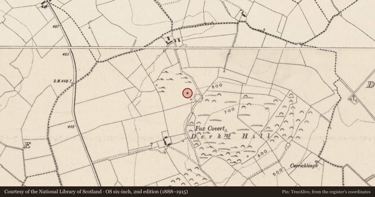Ordnance Survey six-inch map, 2nd edition (1888–1915) covering the location of Burial mound, Knockderk, County Limerick, with a pin at the register's coordinates